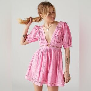 Urban Outfitters Pink Marlee Puff Sleeve Broderie Dress
